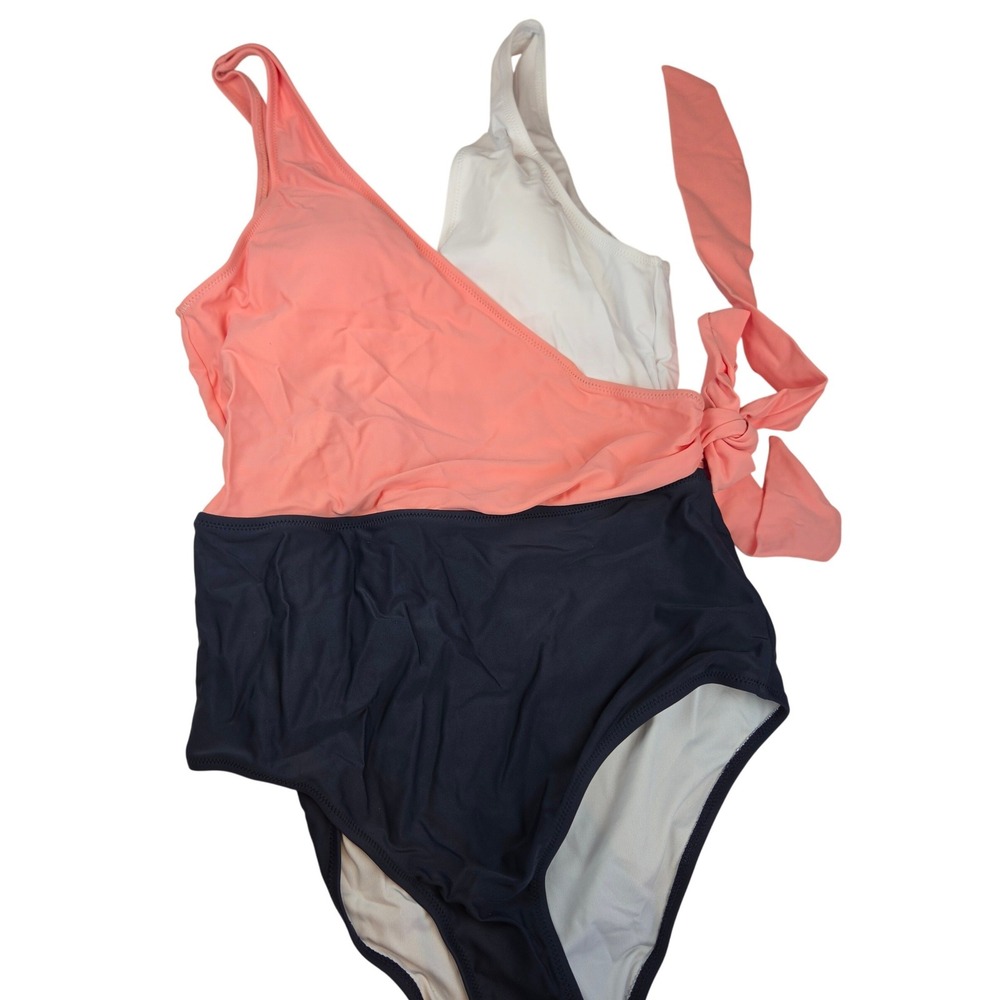 Felnart One Piece Swimsuit Women M Peach Navy Colorblock Wrap Side Tie‎ 356 NWT